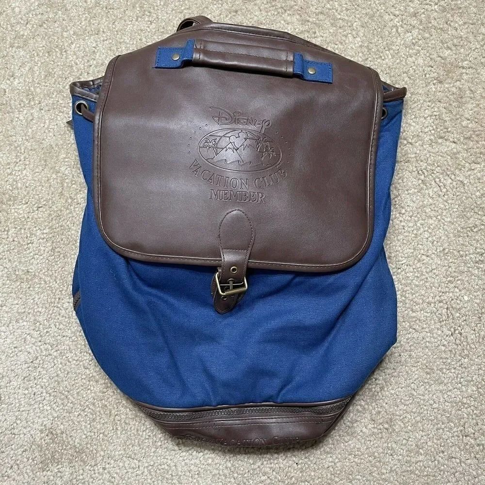Disney Vacation Club Member Faux Leather Backpack Canvas Tote Bag Blue Brown